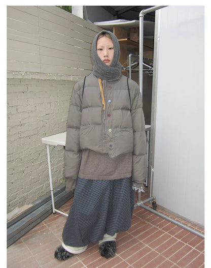 Grey Cropped Stand-Collar Down Jacket
