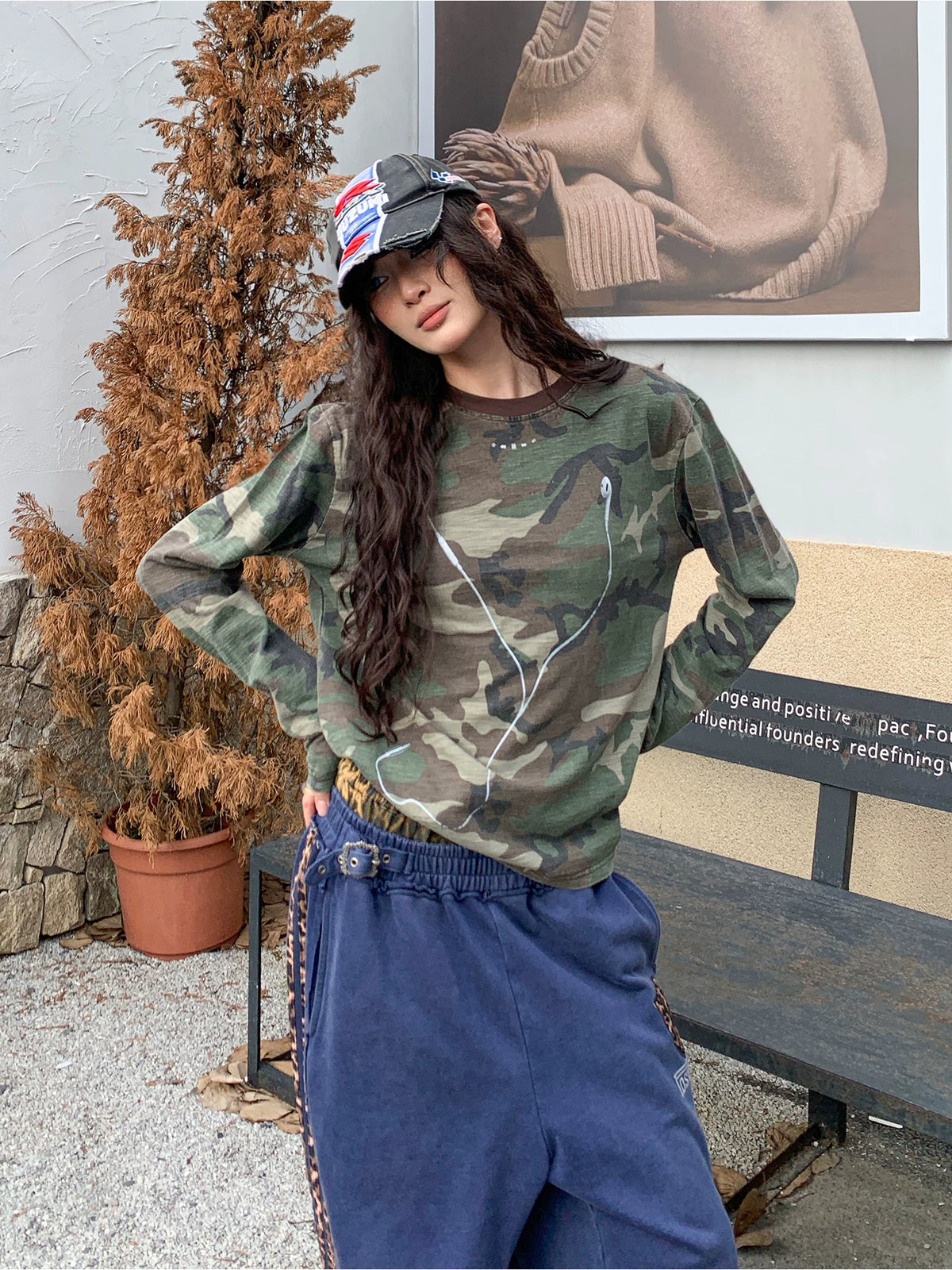 Camouflage Printed Long Sleeve T-Shirt, Front view outdoors