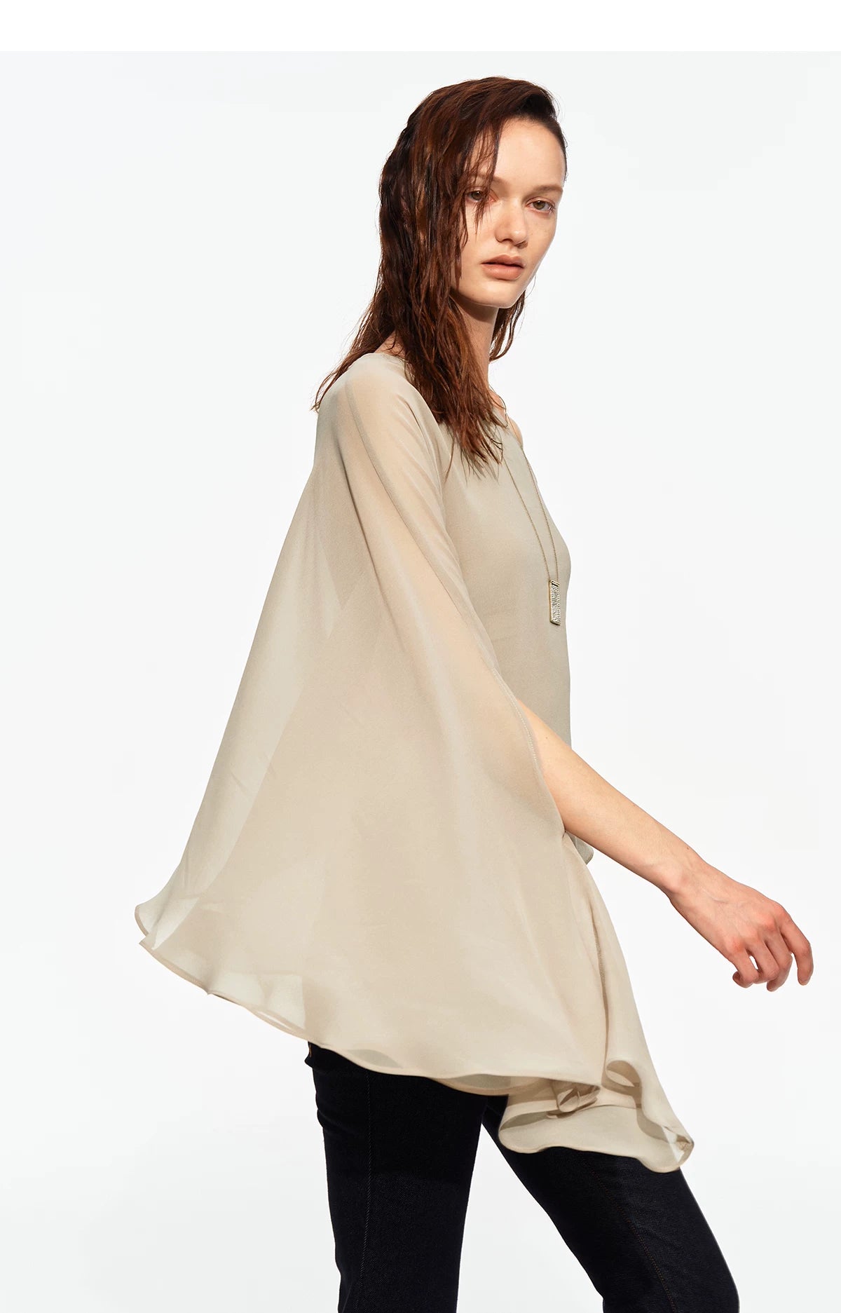 Matte Chiffon One-Shoulder Layered Cape Top