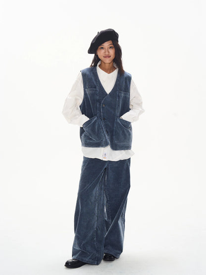 Washed Corduroy Denim Vest front view