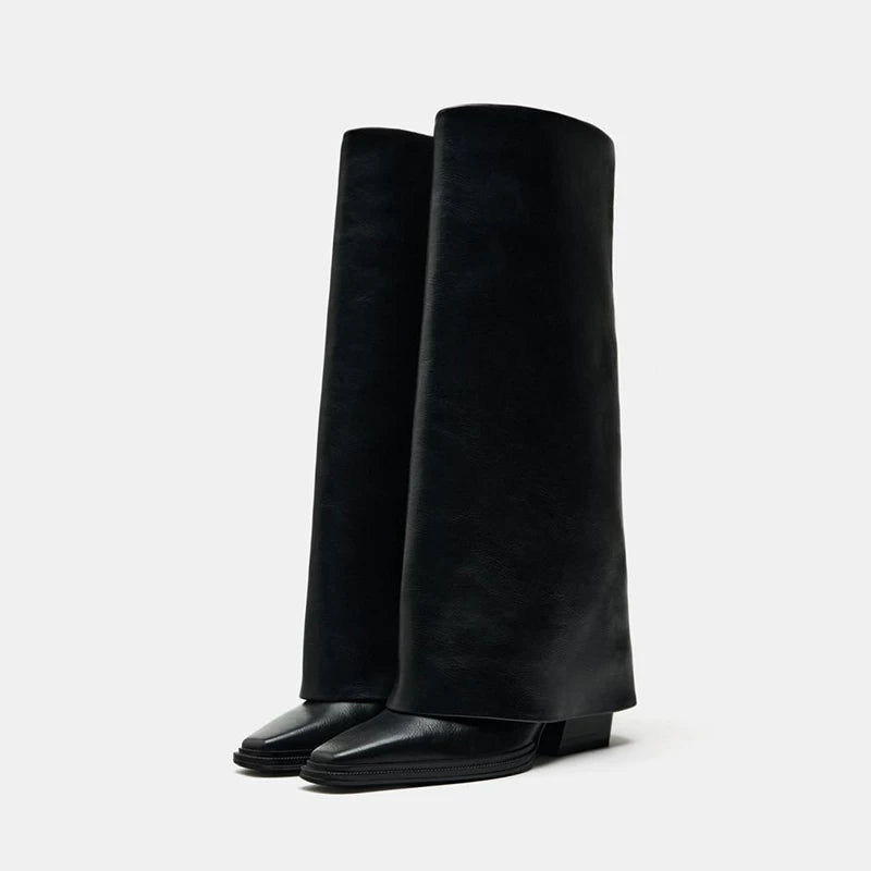 Women's Square Toe Wide-Shaft Block Heel Knee-High Boots