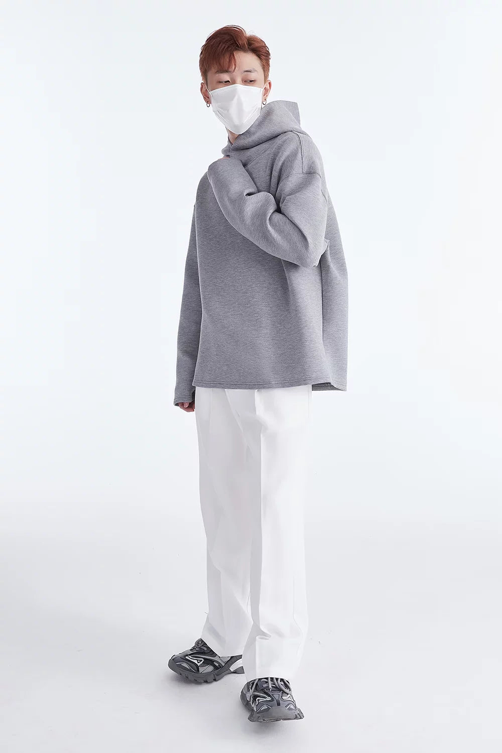 Grey hoodie, full-length side view