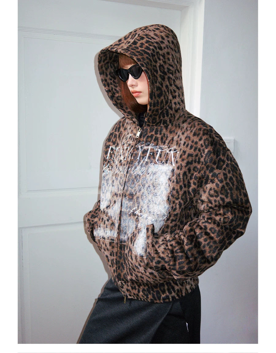 Distressed Leopard Print Padded Hooded Jacket hood up