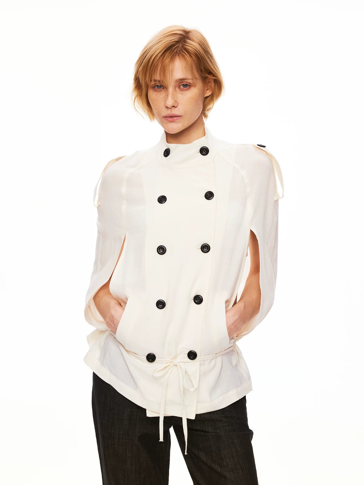 Linen Lyocell Double-Breasted Cape Sleeve Belted Shirt