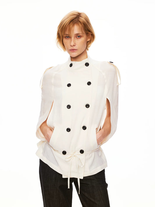 Linen Lyocell Double-Breasted Cape Sleeve Belted Shirt