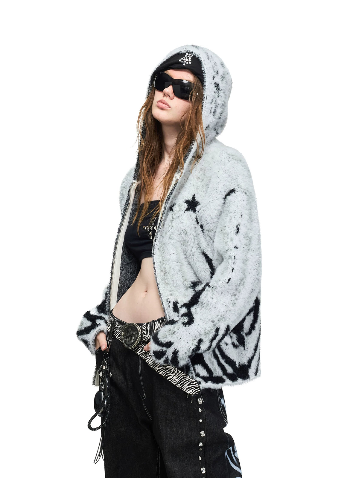 Tiger Pattern Hooded Knit Cardigan — black and white tiger pattern cardigan view