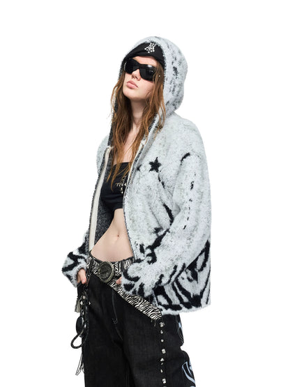 Tiger Pattern Hooded Knit Cardigan — black and white tiger pattern cardigan view