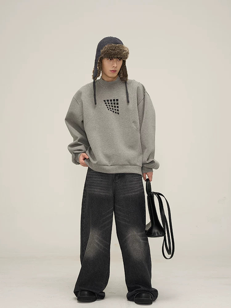 Grid Motif Relaxed Crewneck Sweatshirt in gray
