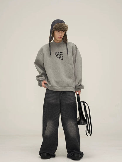 Grid Motif Relaxed Crewneck Sweatshirt in gray