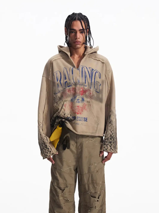 Khaki sweatshirt, front view showing pouch pocket and sleeves