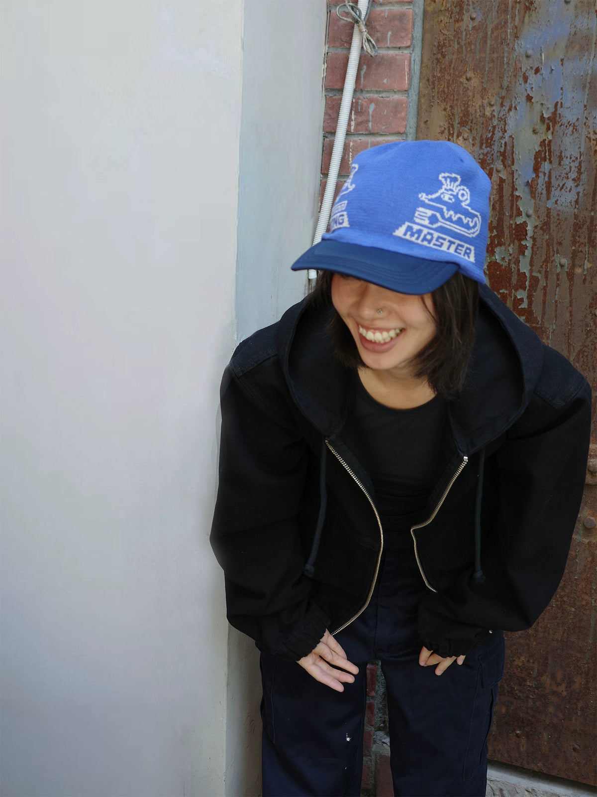 Graphic Embroidered Knit Beanie in Brown and Blue color