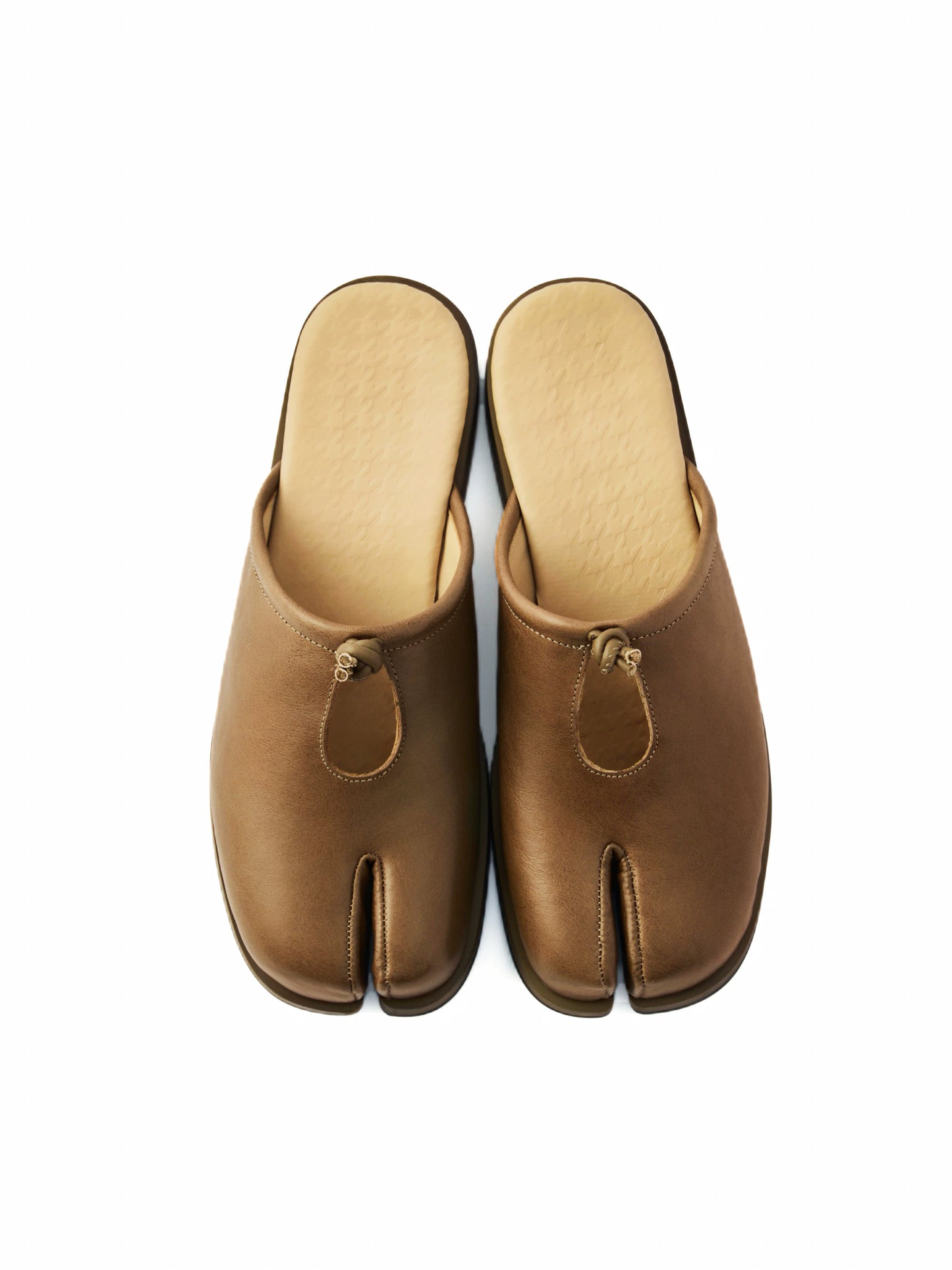 Light Brown Unisex Tabi Toe Leather Knot Detail Mule Sandals