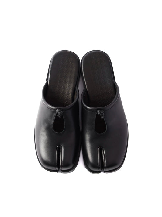 Black Unisex Tabi Toe Leather Cutout Knot Mule Sandals