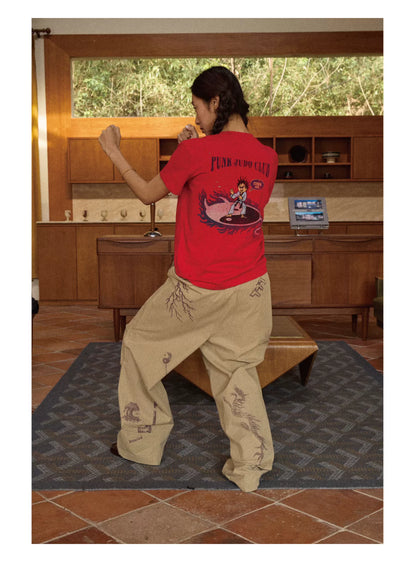 Hand-Drawn Print Wide-Leg Cargo Pants product photo