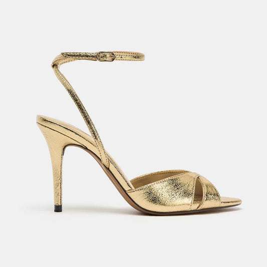 Women's Gold Open Toe Stiletto Ankle Strap Sandals