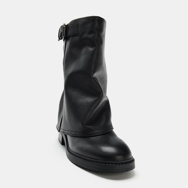 Women's Round Toe Wide-Shaft Block Heel Boots