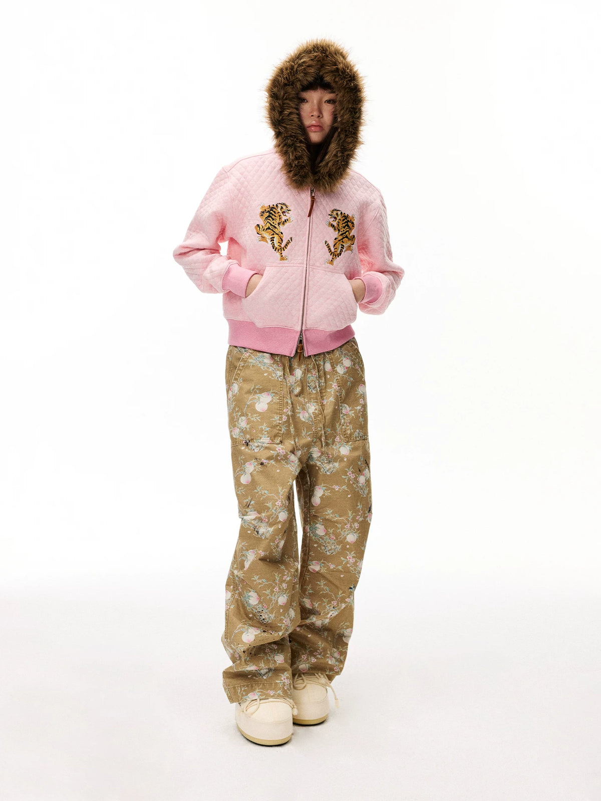 Distressed Floral Wide-Leg Cargo Pants
