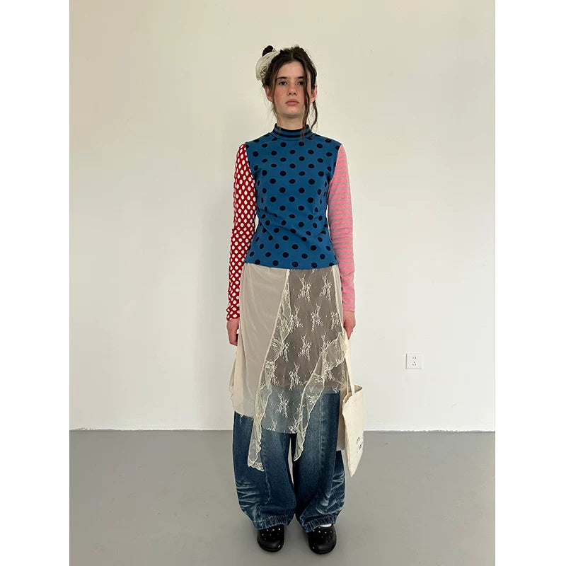 Blue Polka Dot Stripe Colorblock Long-Sleeve Tee