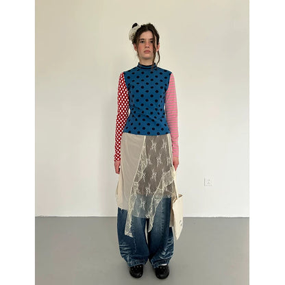 Blue Polka Dot Stripe Colorblock Long-Sleeve Tee