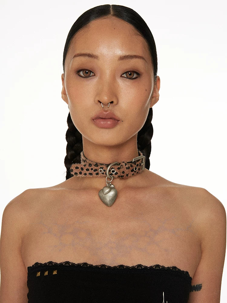 Leopard Print Heart Pendant Choker worn view