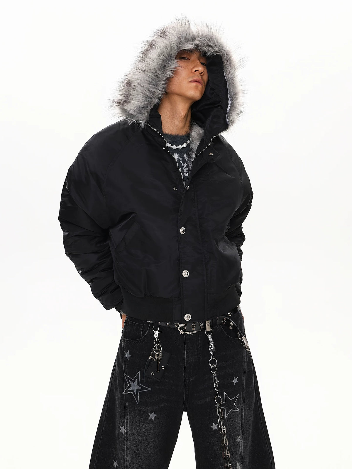 Black faux fur hood bomber jacket, front view on model