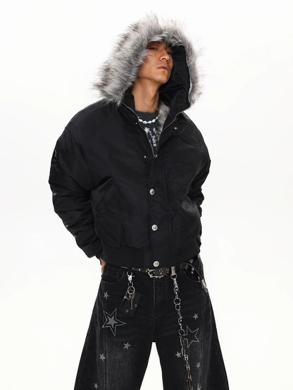 Black faux fur hood bomber jacket, front view on model