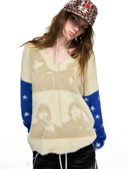 Blue Yellow Pattern Knit Sweater — blue and yellow patterned sweater view