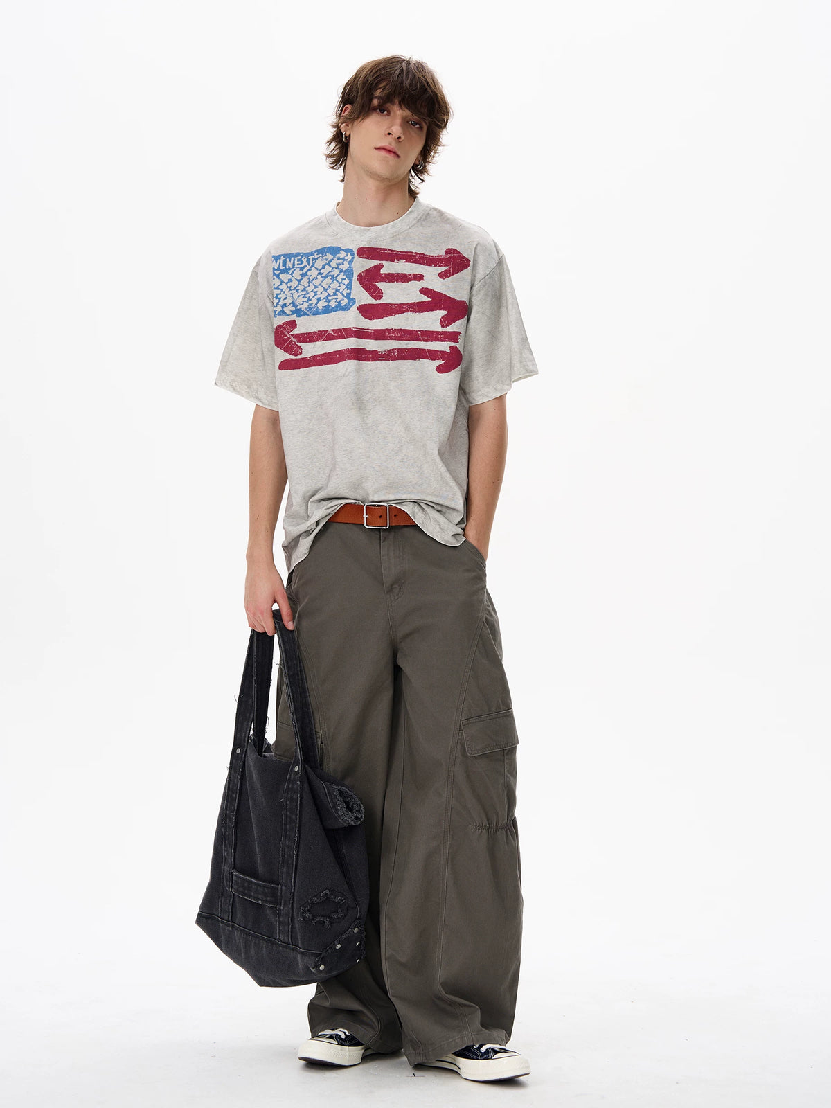 Heather gray vintage washed graphic T-shirt worn by a model