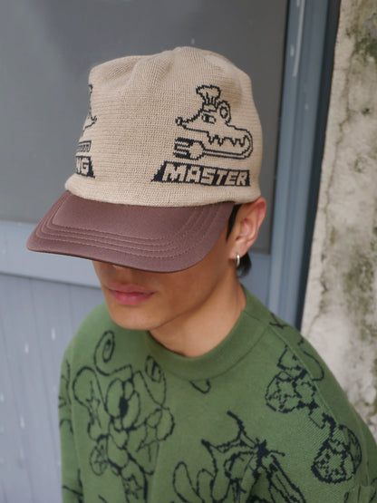 Graphic Embroidered Knit Beanie in Brown and Blue color