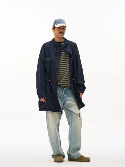 Navy M65 fishtail parka worn on model, front view