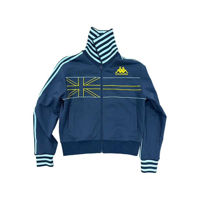 Navy track jacket, front view with striped stand collar