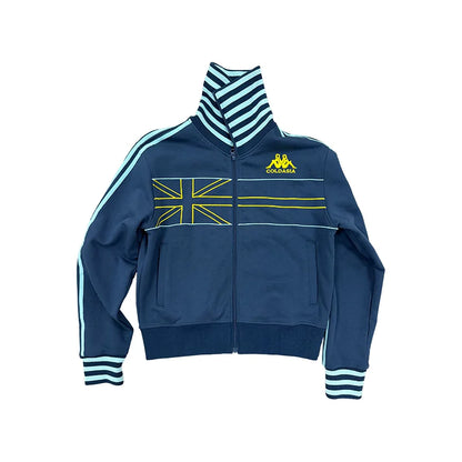 Navy track jacket, front view with striped stand collar