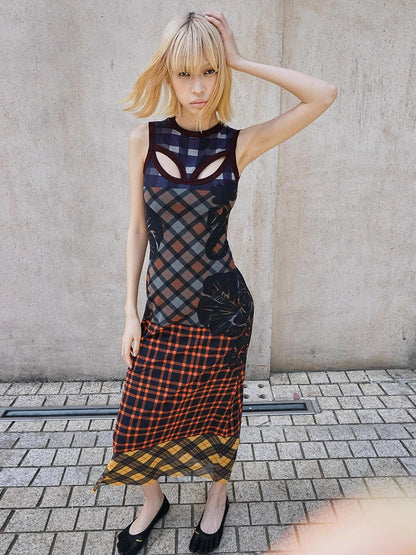 TropicEye Plaid Mesh Sleeveless Long Dress