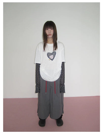 Heart Applique Polka Dot Long Sleeve Tee