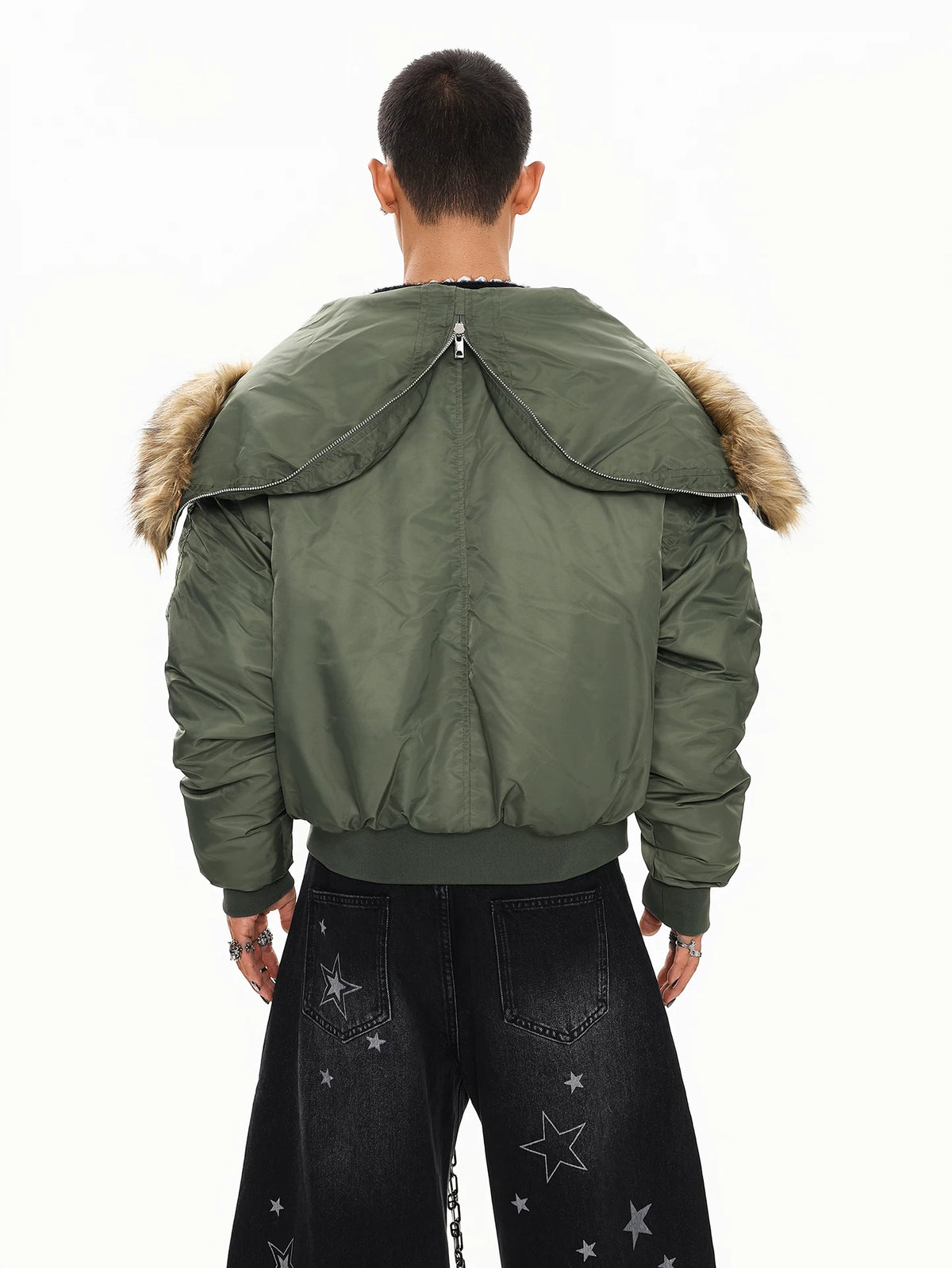 Olive green faux fur hood bomber jacket, back view on model