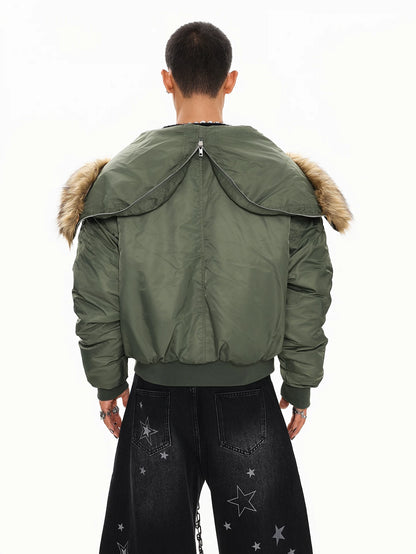 Olive green faux fur hood bomber jacket, back view on model