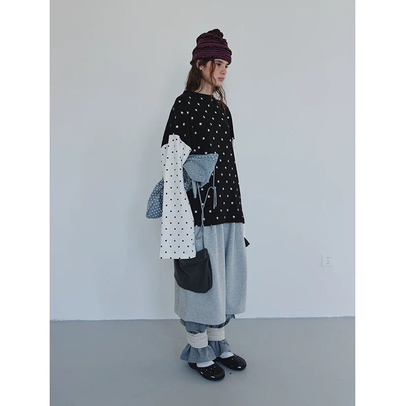 Star and Polka Dot Patchwork Long-Sleeve Top