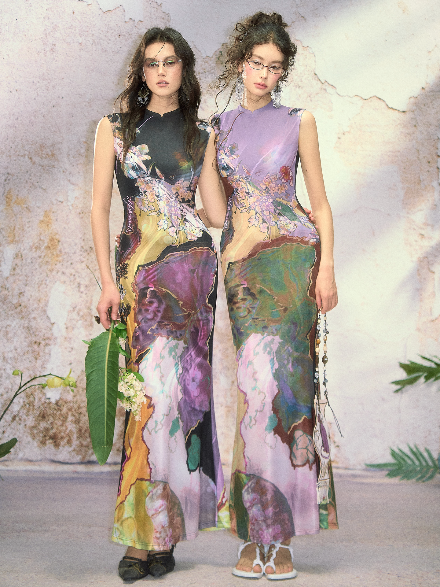 Contrast Print Reversible Qipao Dress