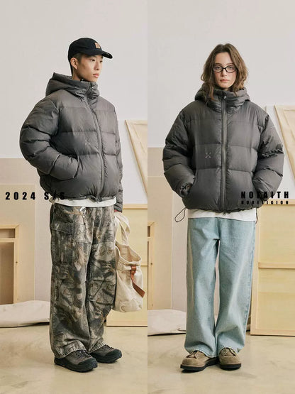 Black and brown hooded puffer jackets shown on models