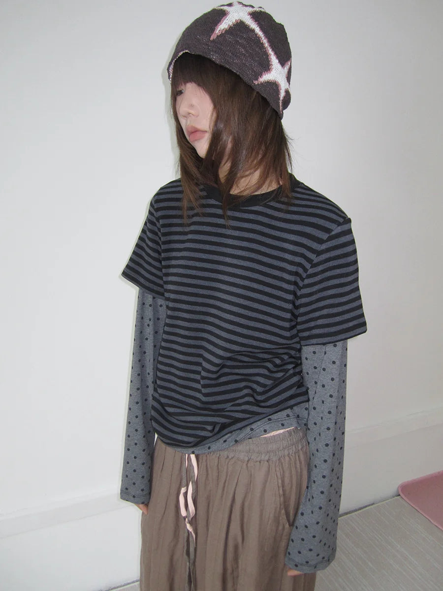 Grey Polka Dot Stripe Layered Long-Sleeve Tee