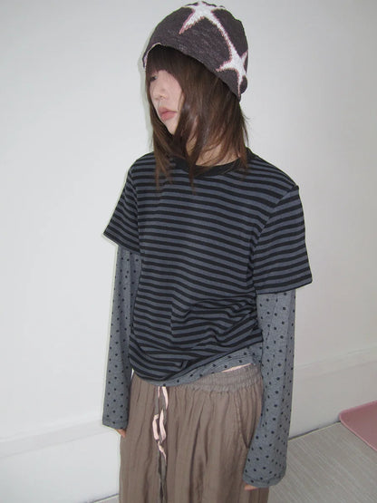 Grey Polka Dot Stripe Layered Long-Sleeve Tee