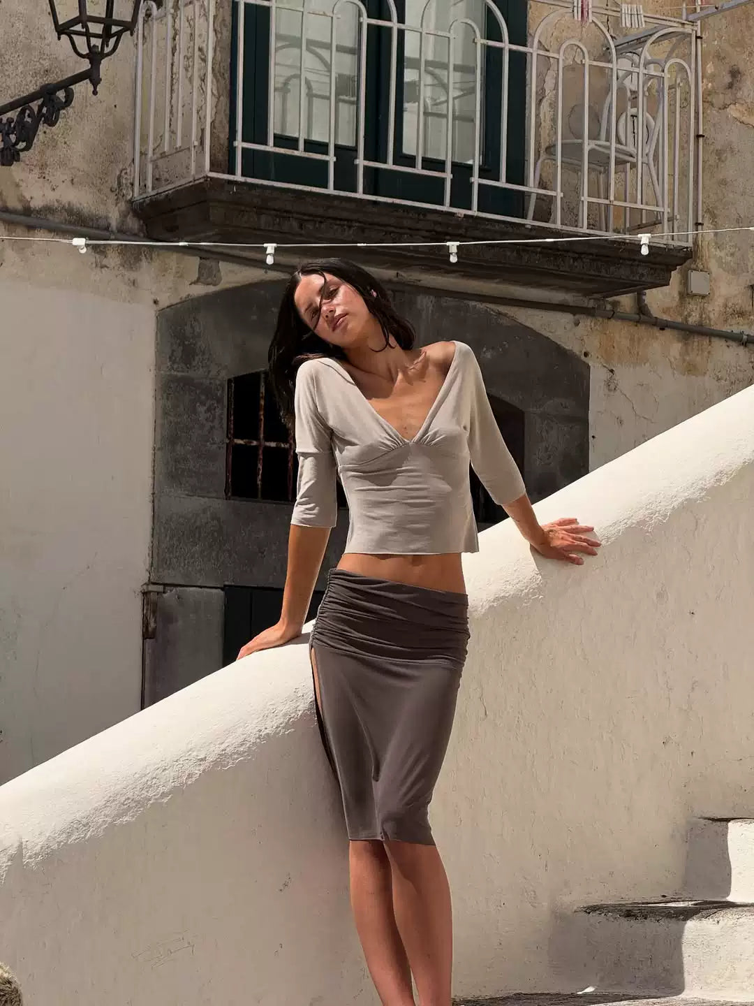 V-Neck Top & Midi Skirt