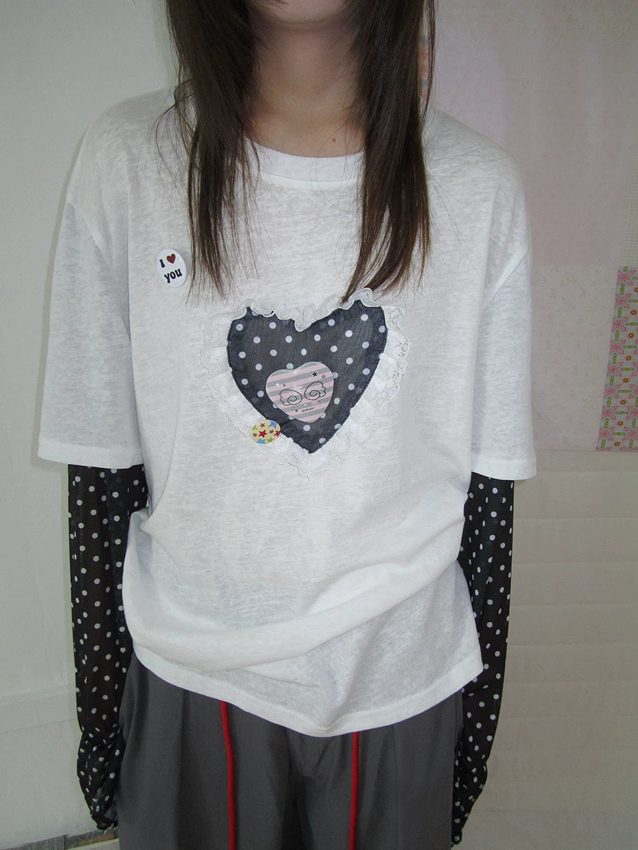 Heart Applique Polka Dot Long Sleeve Tee