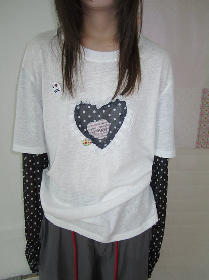 Heart Applique Polka Dot Long Sleeve Tee