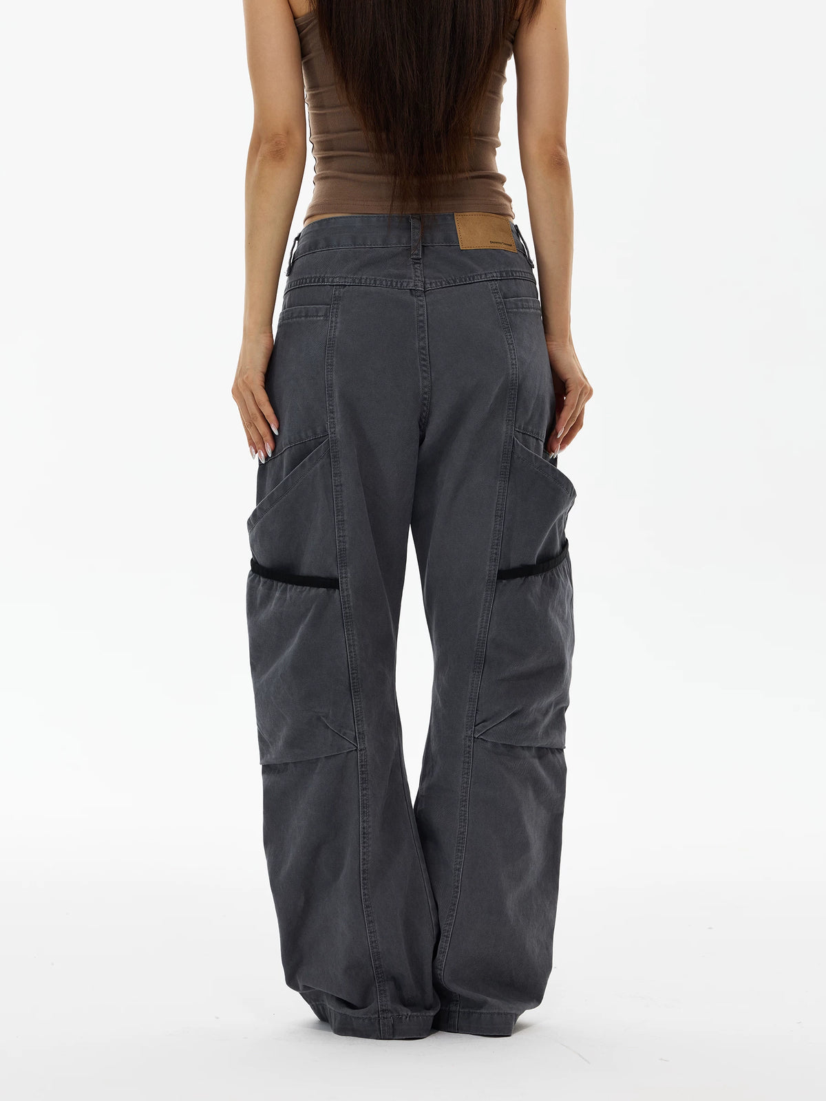 Charcoal wide-leg cargo pants, back view