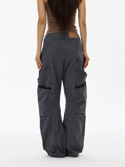 Charcoal wide-leg cargo pants, back view