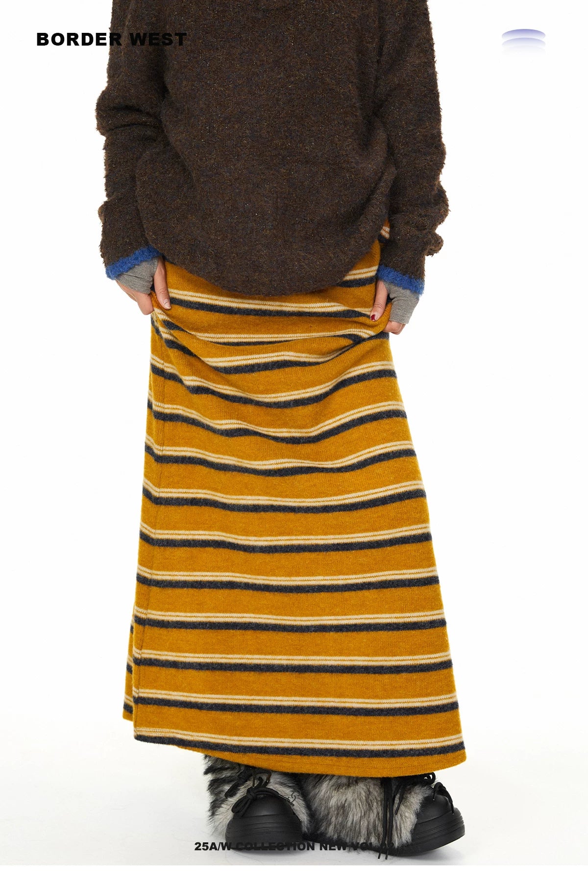 Mustard Striped Knit Midi Skirt in mustard yellow