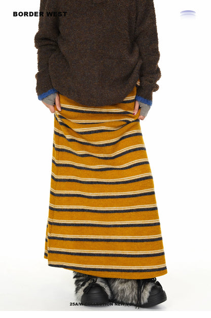Mustard Striped Knit Midi Skirt in mustard yellow