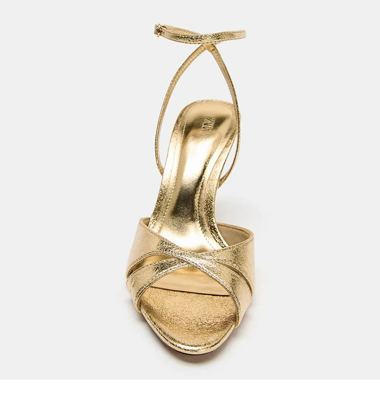 Women's Gold Open Toe Stiletto Ankle Strap Sandals