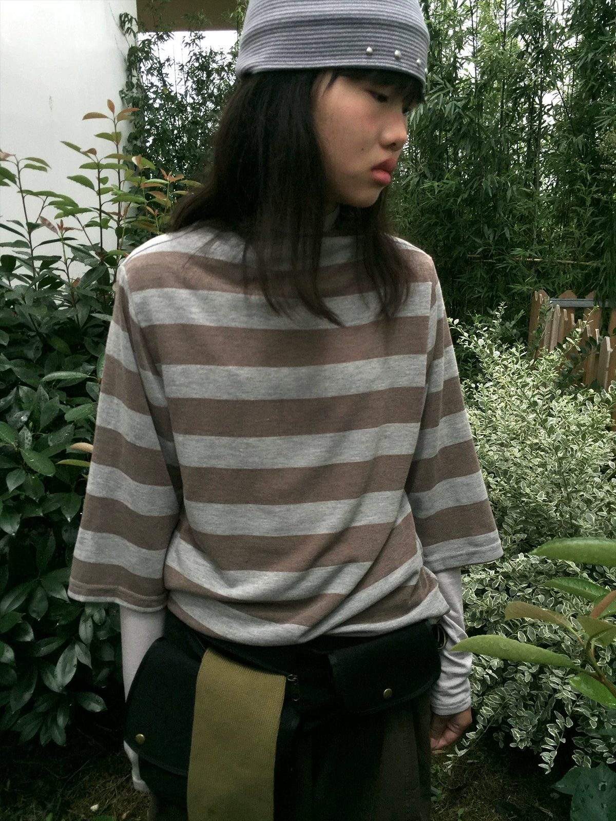 Brown Stripe Mock-Neck Three-Quarter Sleeve Tee